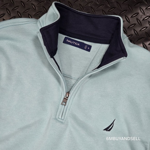 Nautica Mens XL Quarter Zip Fleece Pullover Light Blue Mint Casual - Picture 2 of 10